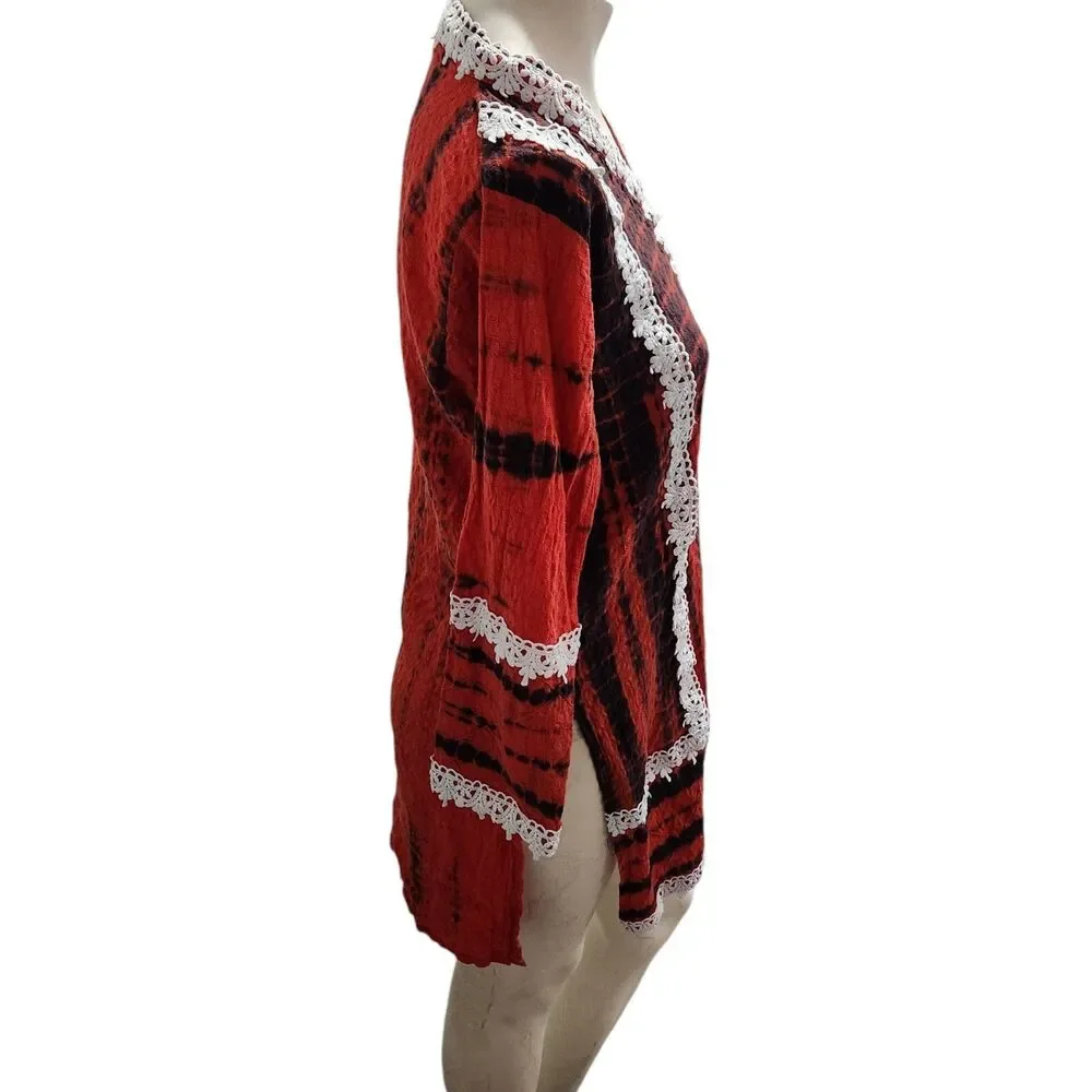 Kaftan Womens SZ Medium Embroidered‎ Tie Dye Crochet Boho Hippie Earthy Peasant